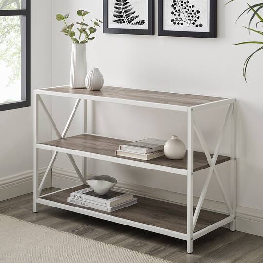 Walker Edison Gray Wash/White Metal X-Frame Industrial Wood Bookshelf